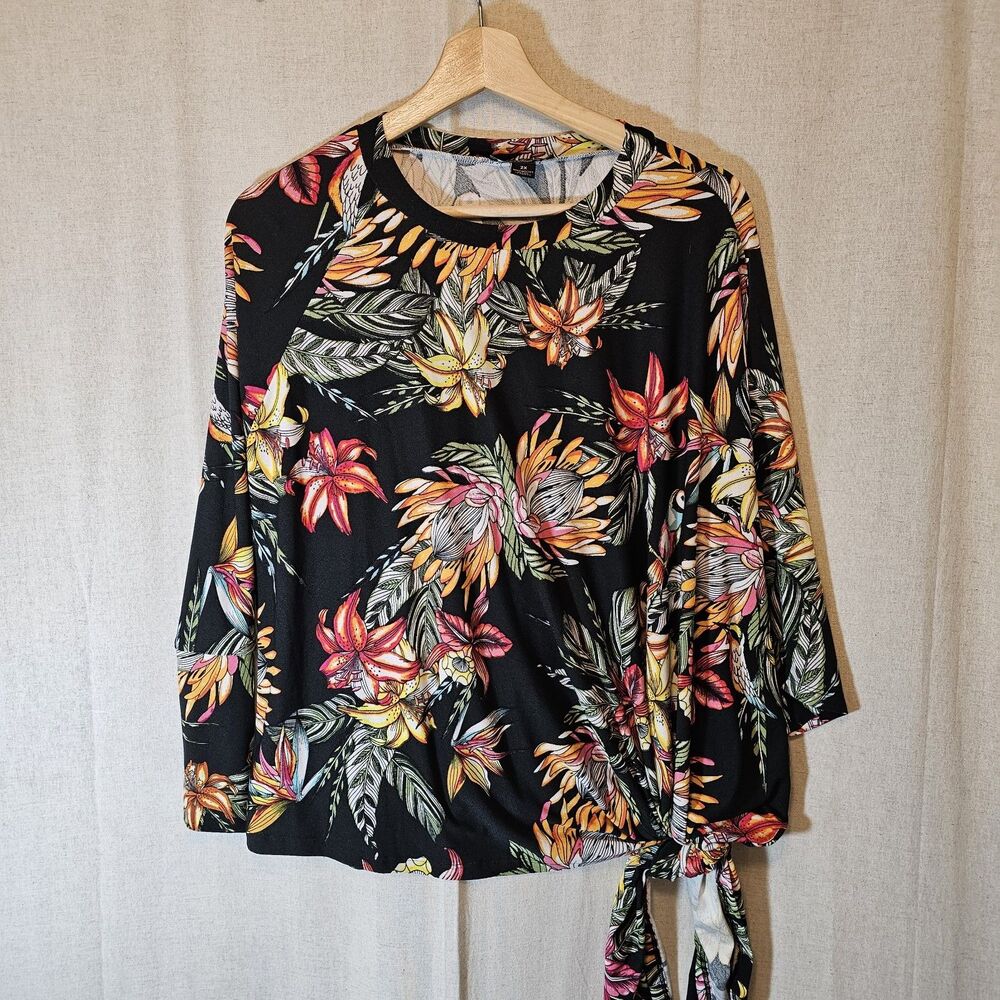 Rouge Collection Womens 2X Black Colorful Tropical Floral Bird Print Mismatched